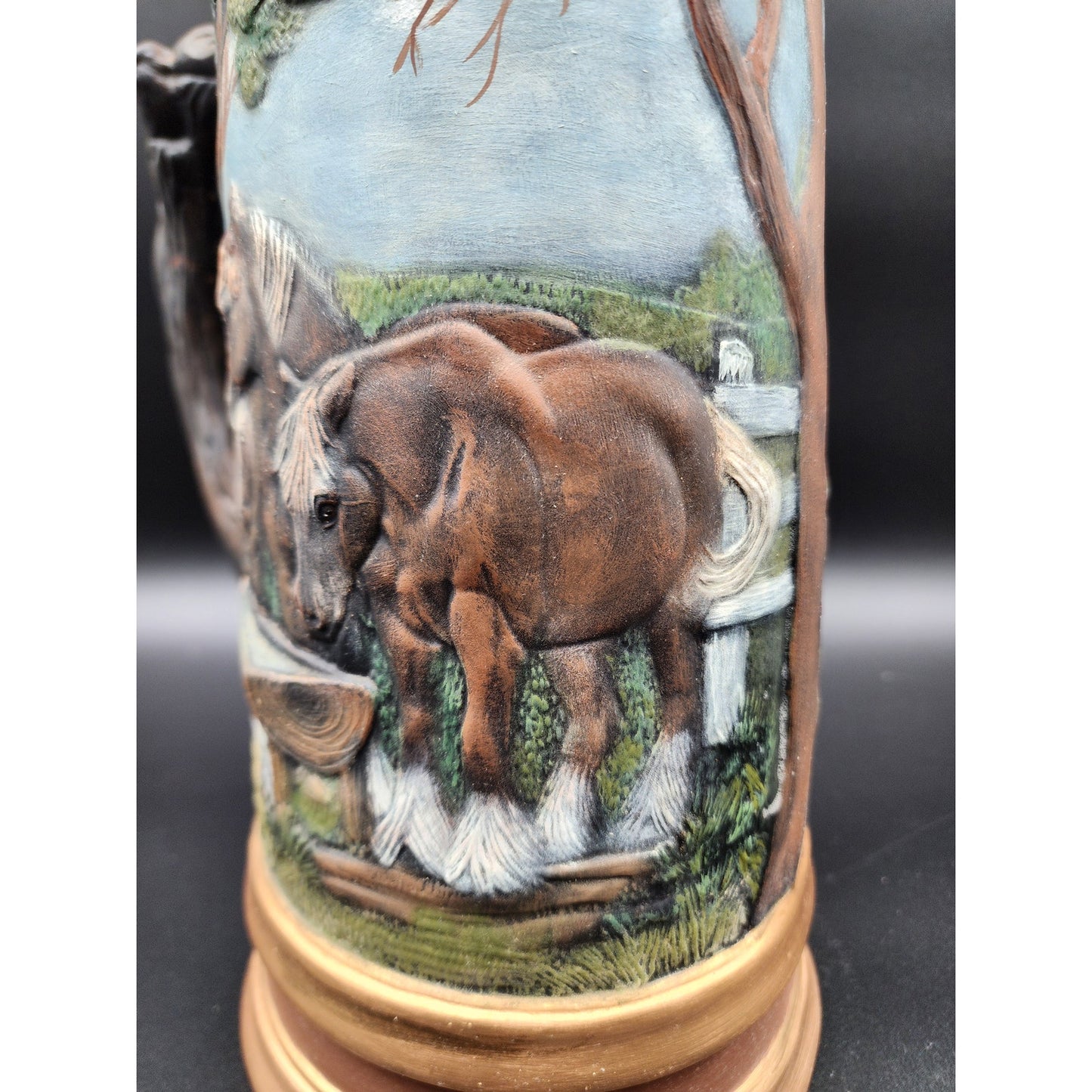 Vintage 18.5" German Horse Head Lidded Beer Stein Raised Relief Hand Painted