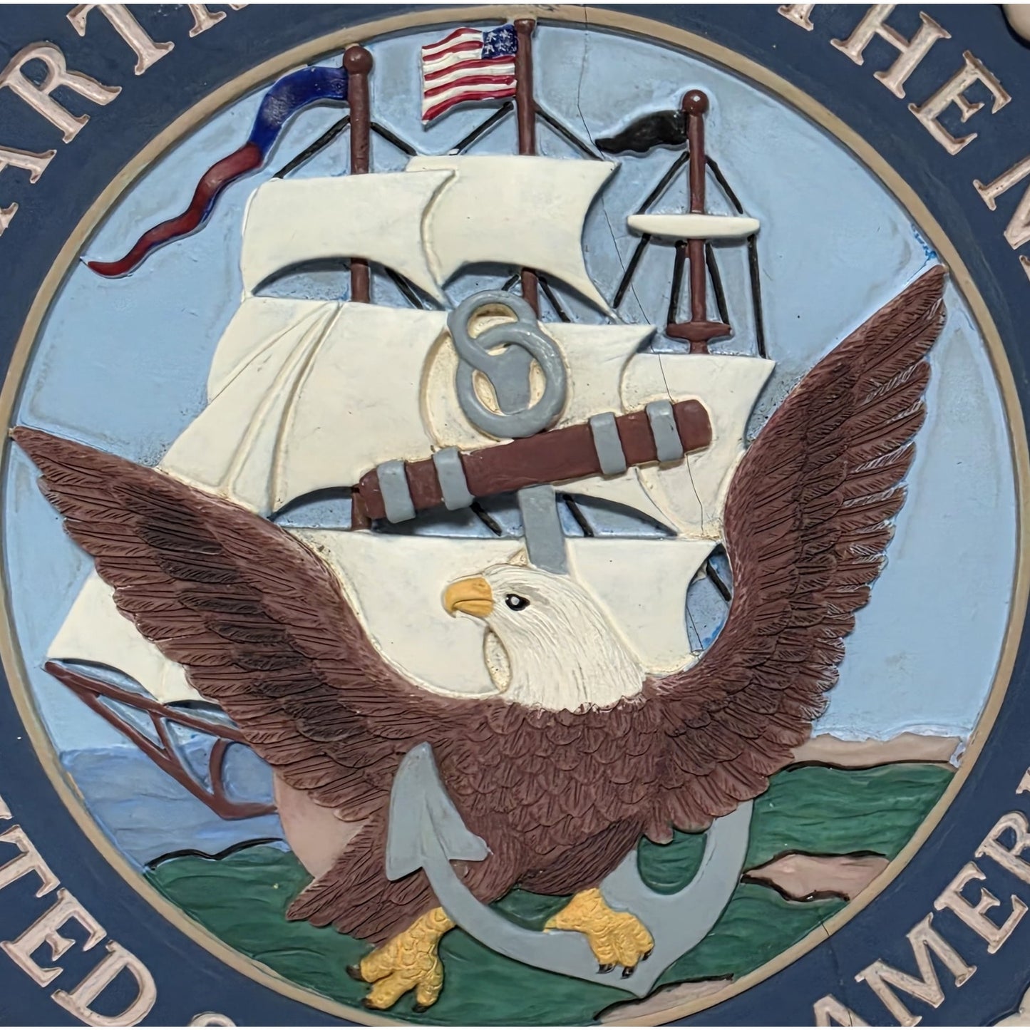 Vintage Dept. of the Navy Embossed Concrete Plaque – Hand Painted – Repaired
