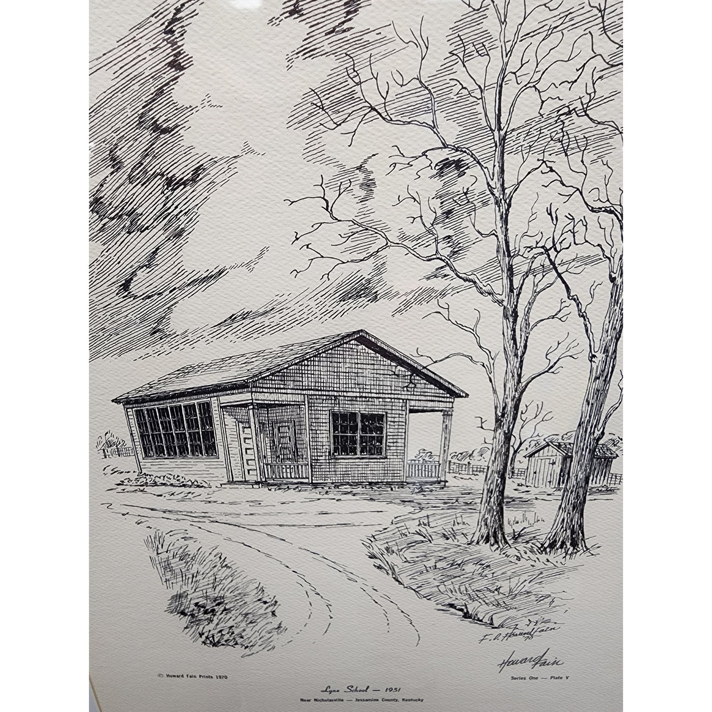 1951 Lyne School Lithograph signed by artist Howard Fain Framed 16.5x20.75 1971