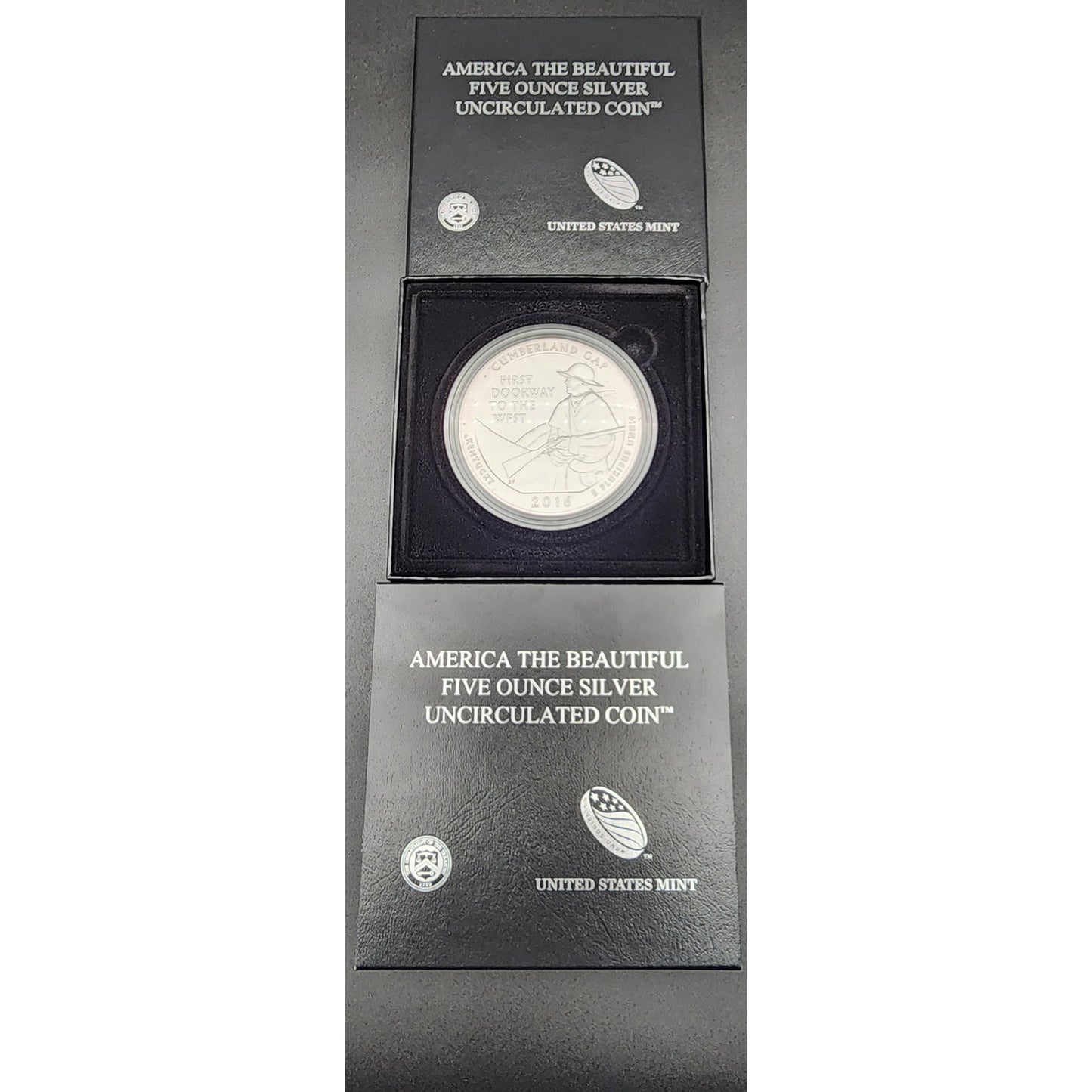 Kentucky Heritage Silver Set: 5oz Cumberland Gap, 1oz Flag Bar, Silver Quarter, $1 Bluegrass Coin