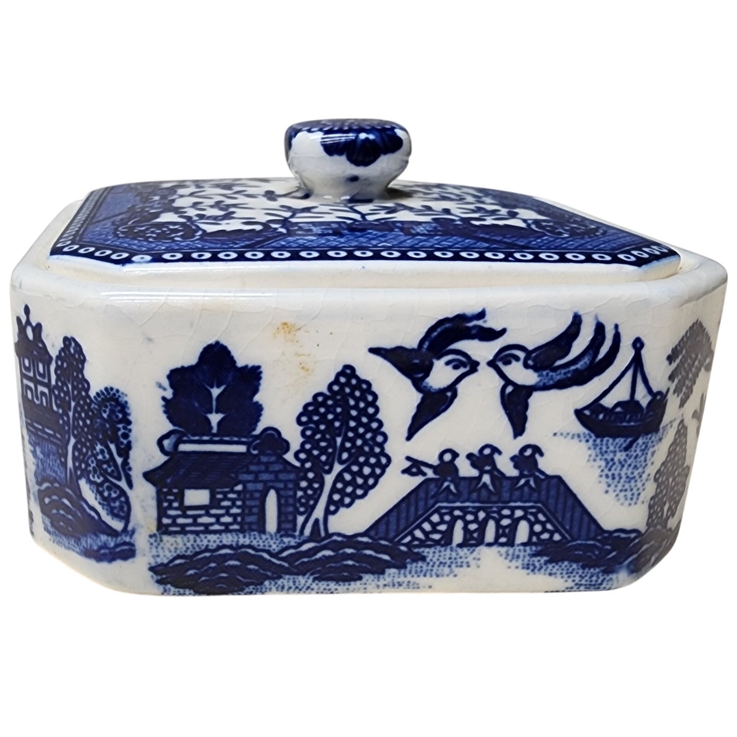Vintage Moriyama Japan Blue Willow Covered Dish Porcelain Container Rare