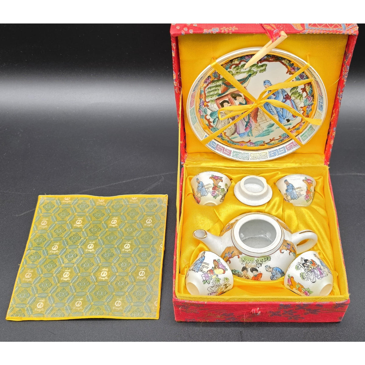 Vintage Hand Painted Porcelain Sake Tea Set 22K Gold Gilt Red Brocade Box Set