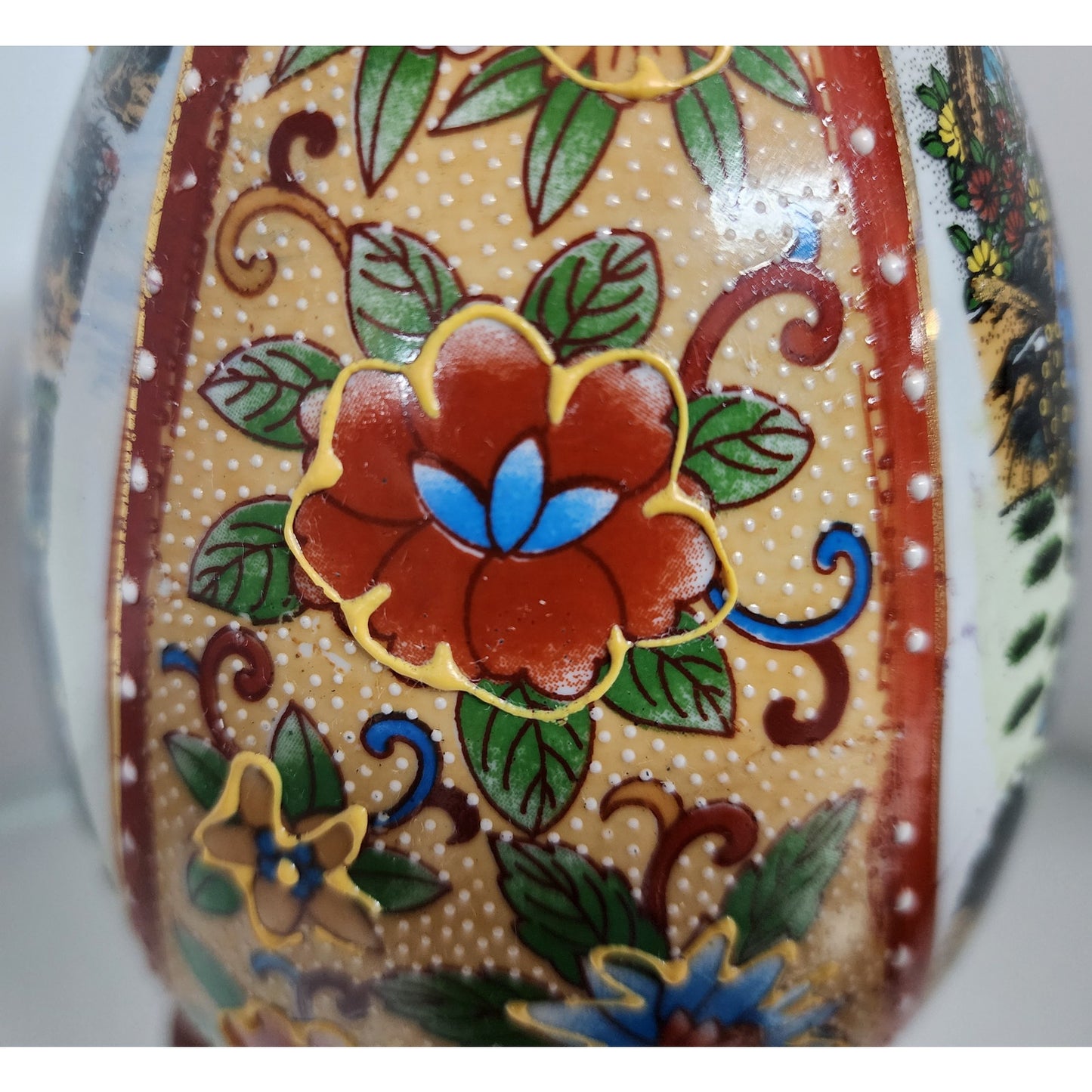 Japanese Porcelain Egg w/ Geisha Garden Scene Gold Gilt Raised Relief -Wood Base
