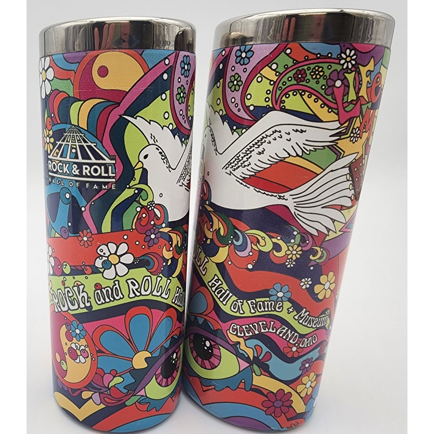 2 Rock & Roll Hall of Fame Tumblers Cleveland OH Peace Dove Hippie Psychedelic