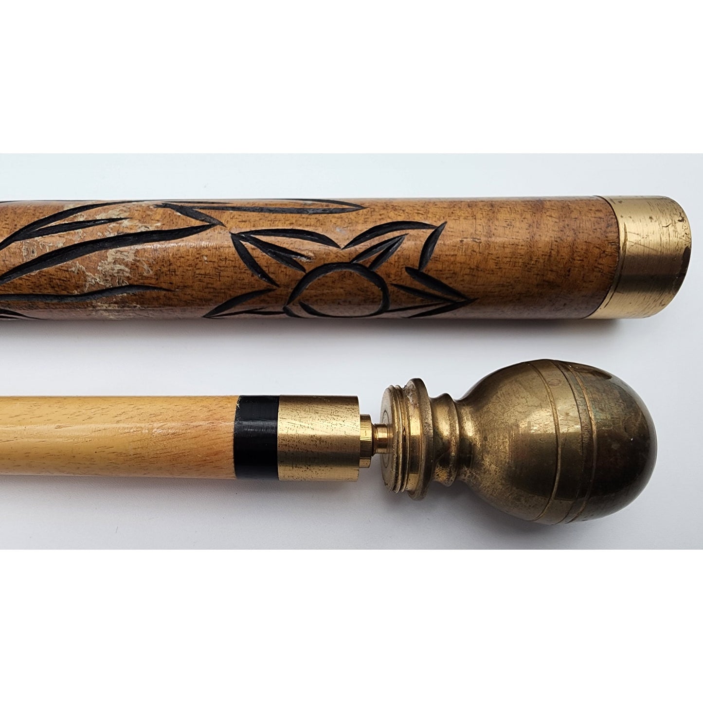 Vintage Hand Carved Wood Brass Cane w/ Hidden Pool Cue 33" - Rare