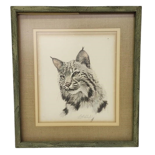 Guy Coheleach Bobcat Lithograph Signed in Green Wood Frame Textured Cloth Matte – Vintage