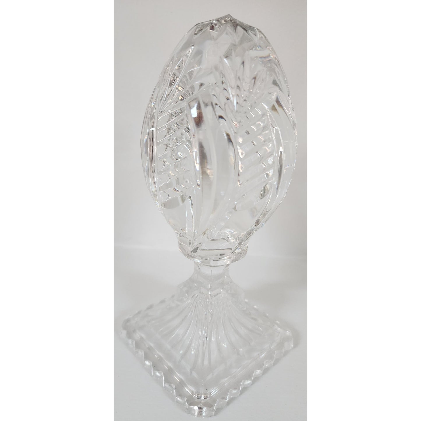 Vintage Lead Crystal Cut Glass Egg on Pedestal Base 7.25" Starburst & Leaf Motif