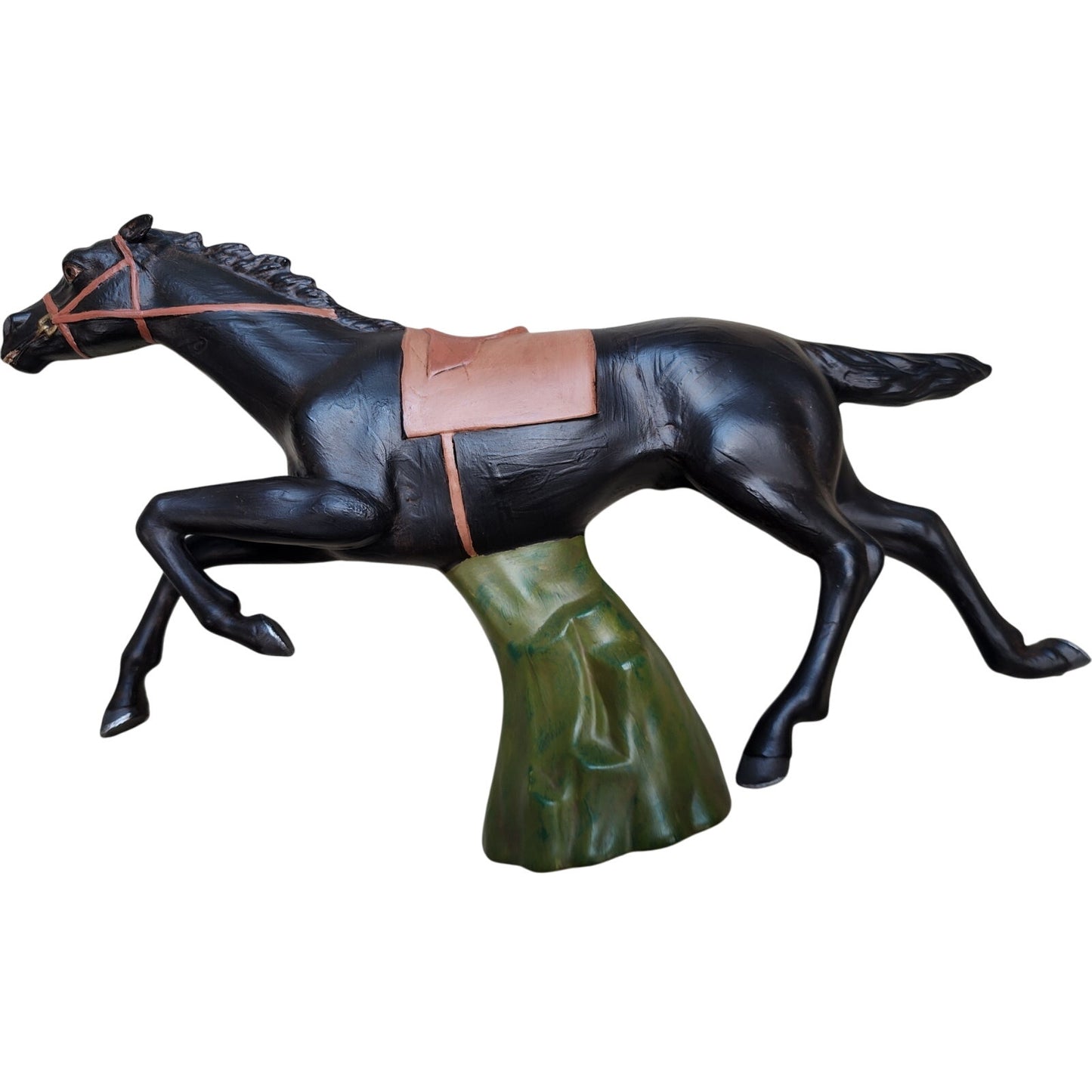 Hand Painted Ceramic Horse Figurine Running Action Black w/ Saddle 15.5”