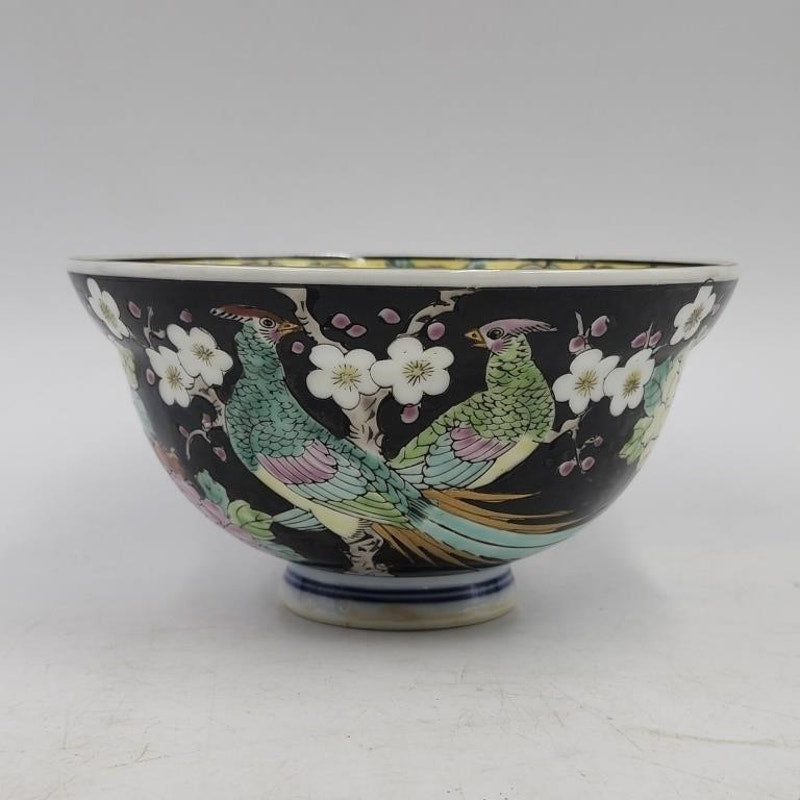 2 Vintage Chinese Famille Noire Porcelain Bowls & Vintage Nippon Two Piece Hand Painted Trinket Bowl