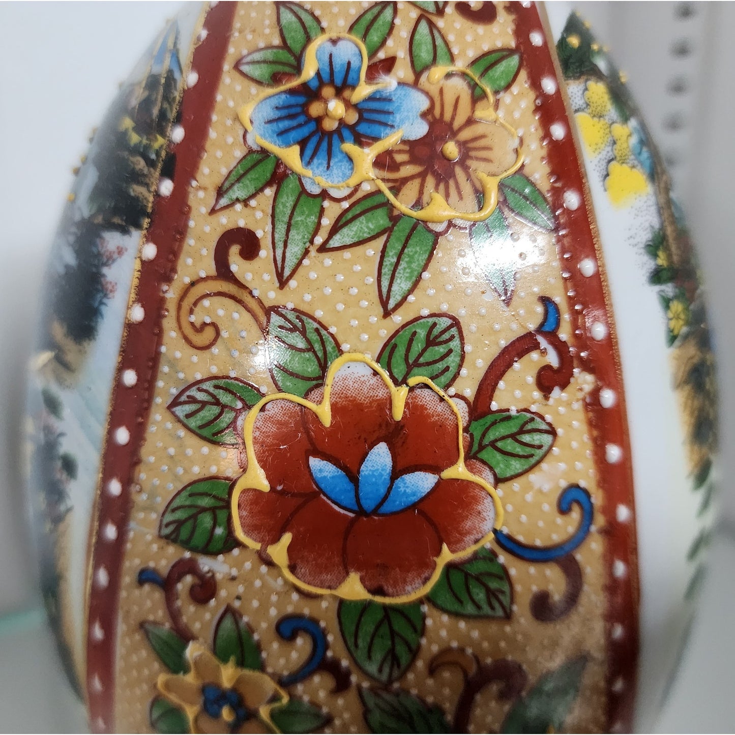 Japanese Porcelain Egg w/ Geisha Garden Scene Gold Gilt Raised Relief -Wood Base