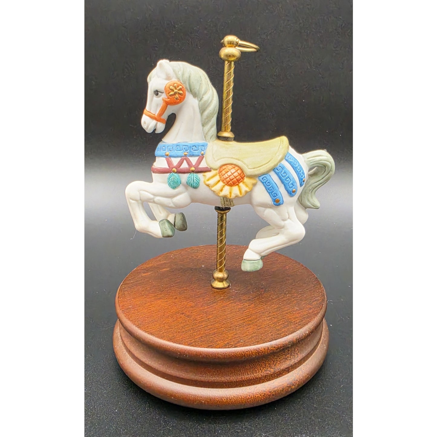 Vintage Taiwan Carousel Horse Music Box – Hand Painted Porcelain on Walnut Base
