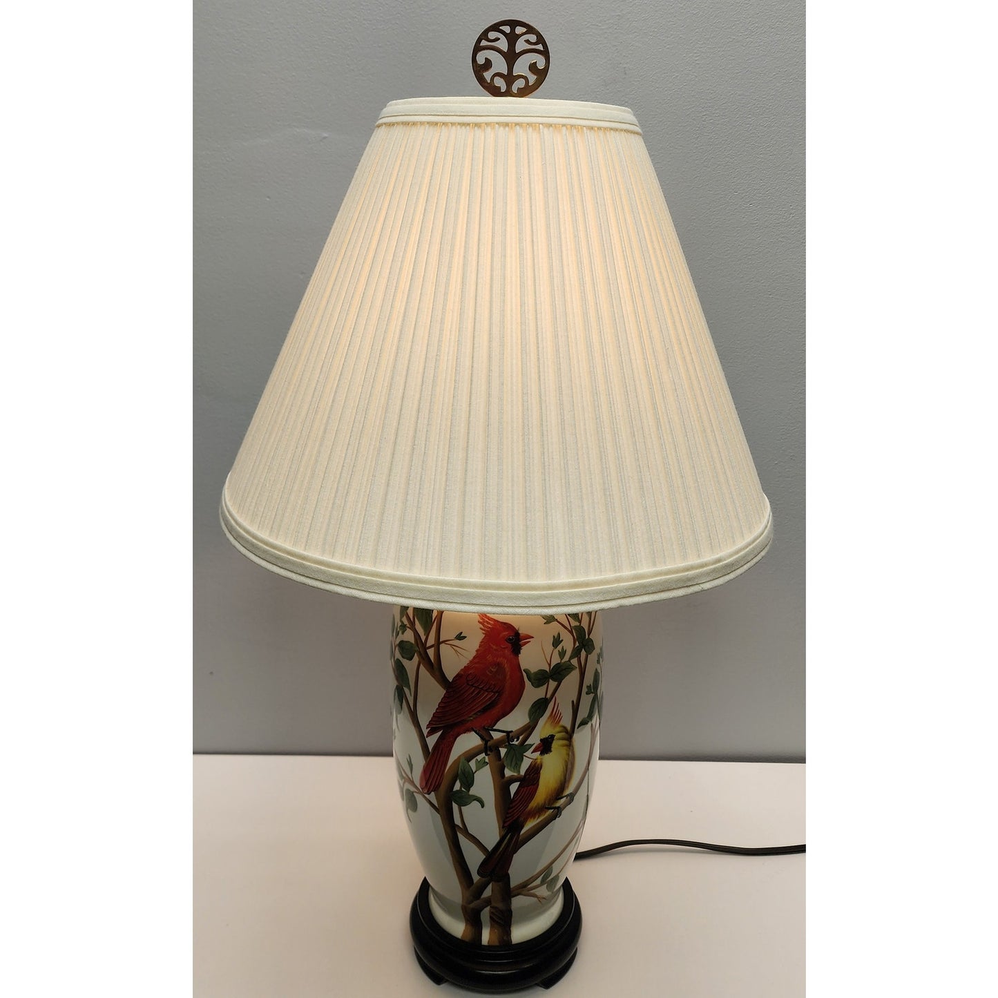 Vintage Ceramic Bird Lamp 24.5" – Cardinal & Goldfinch – Tree Finial, Wood Bas
