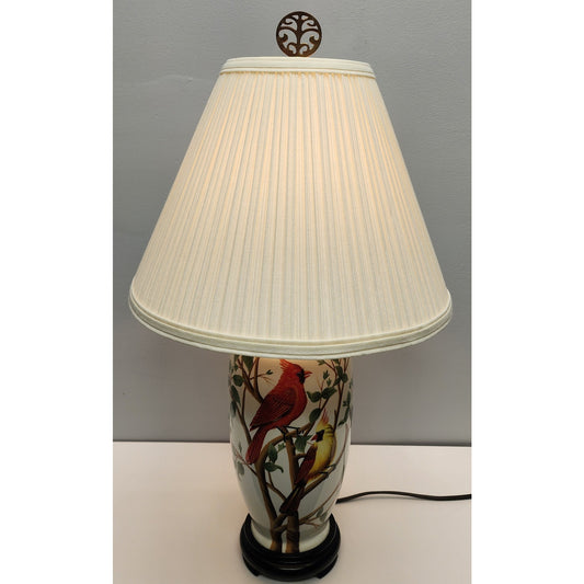 Vintage Ceramic Bird Lamp 24.5" – Cardinal & Goldfinch – Tree Finial, Wood Bas