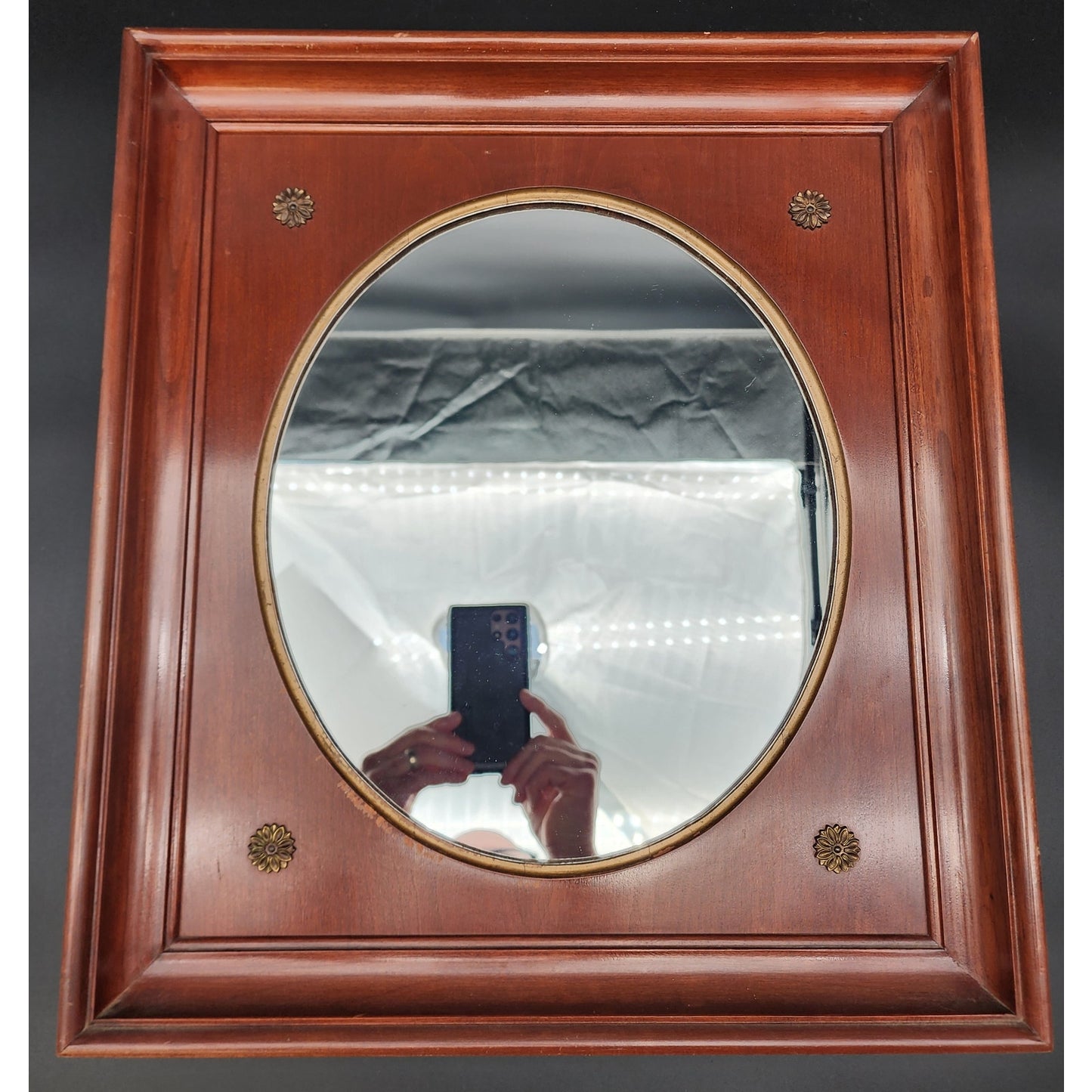 Vintage Willett Wildwood Cherry Hardwood Framed Oval Mirror Brass Accents 17x19