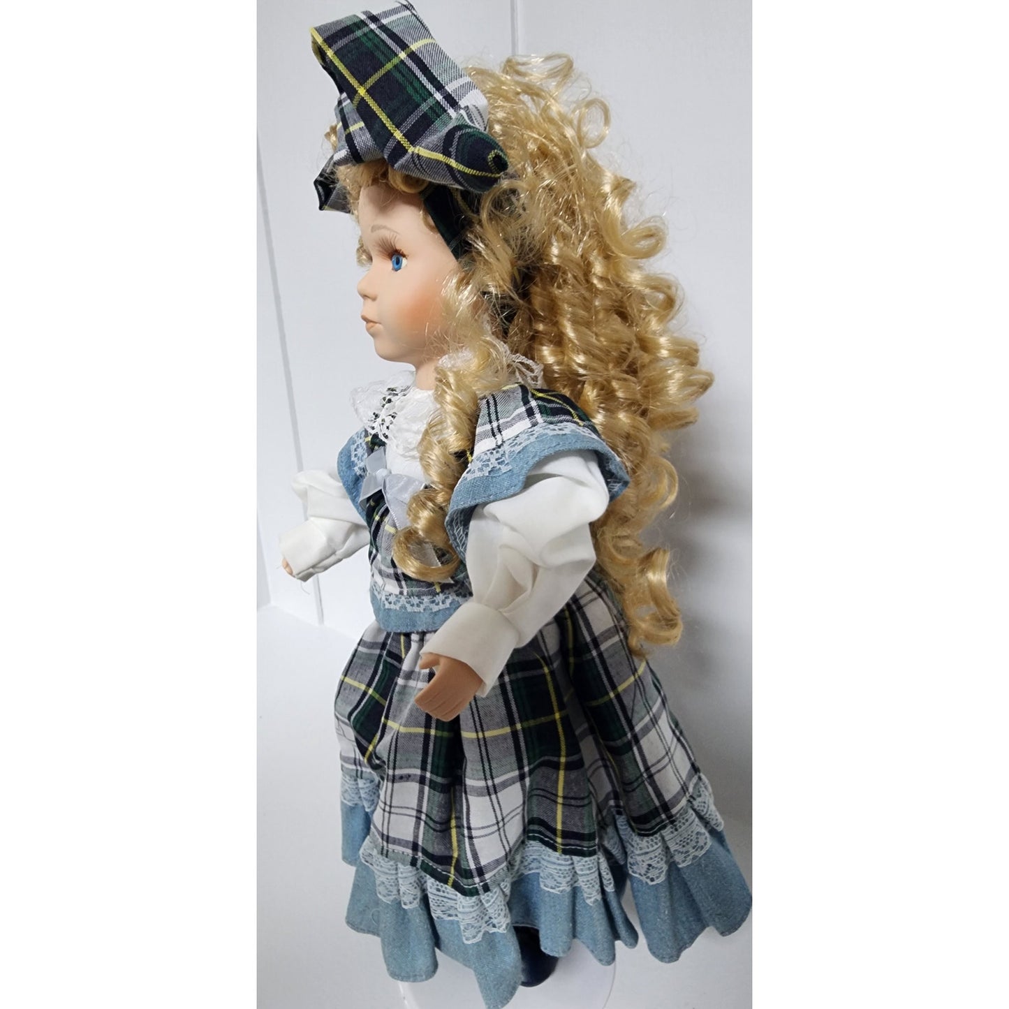 Vintage Tender Heart Treasures Porcelain Doll Plaid Dress Blonde Curls w/ Stand