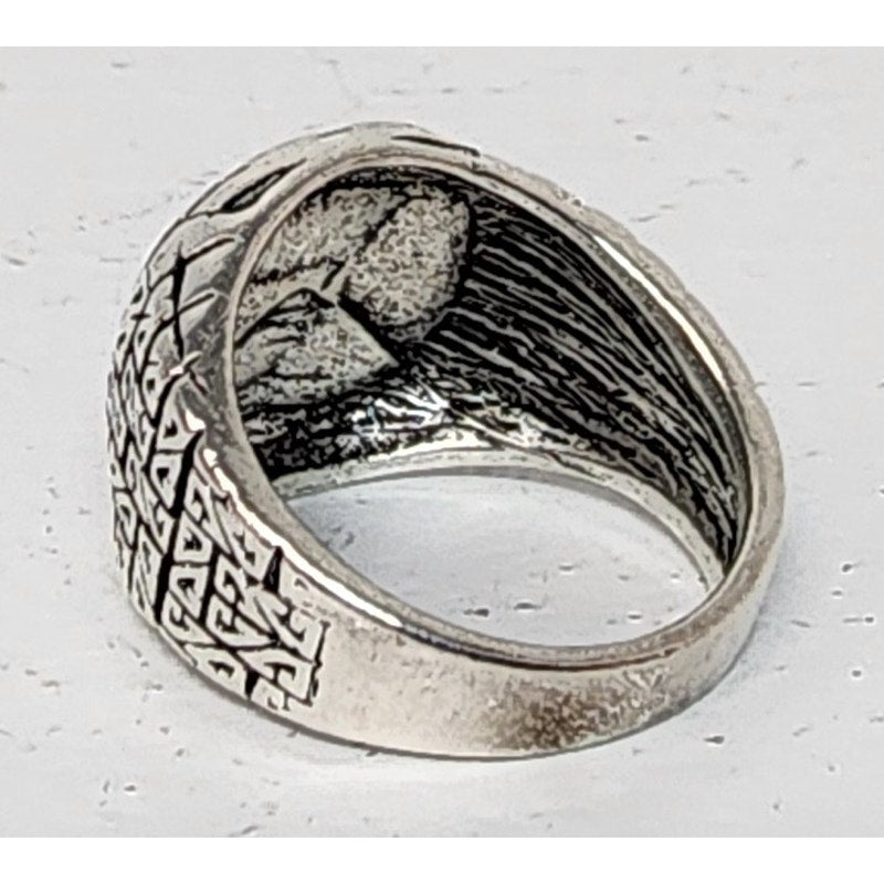 Silver Tone Geometric Ring Size 10.5 with Black Symbolic Design