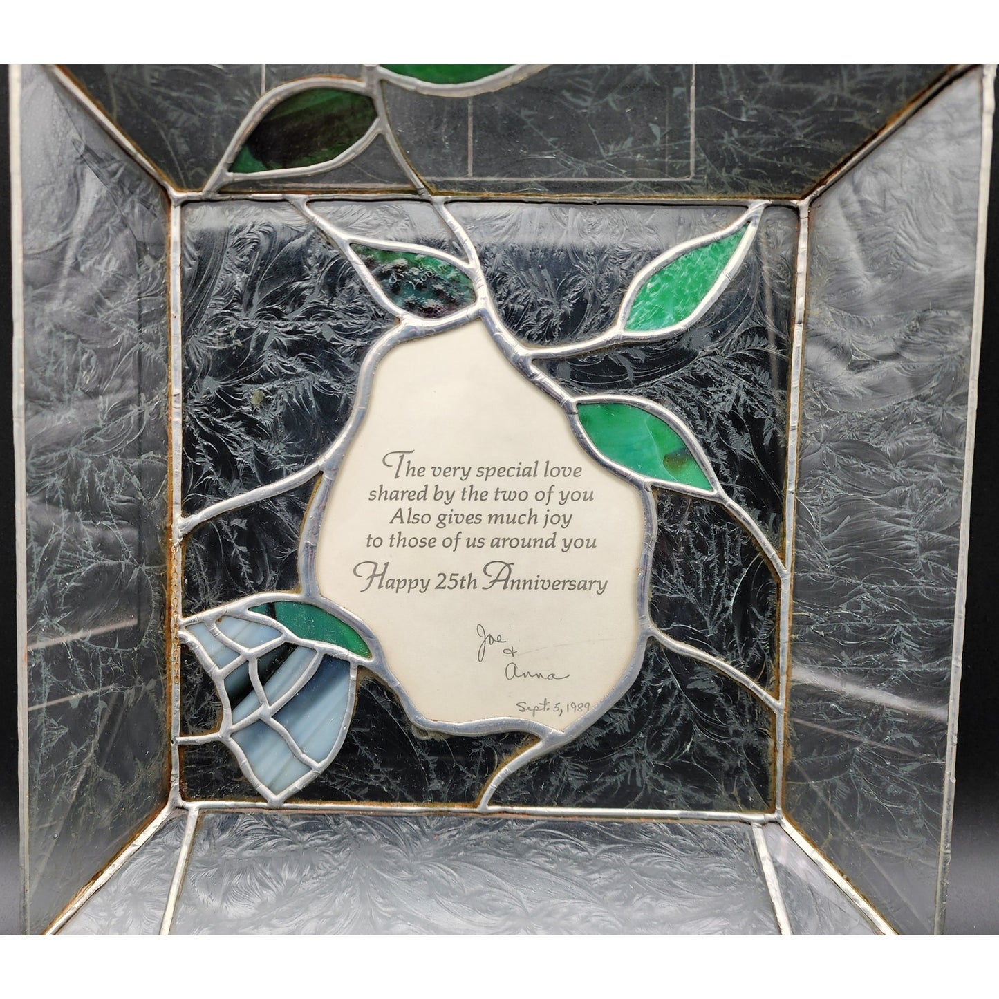 Stained Glass 25th Anniversary Keepsake Box Green Leaves Butterfly 10.75" Heavy