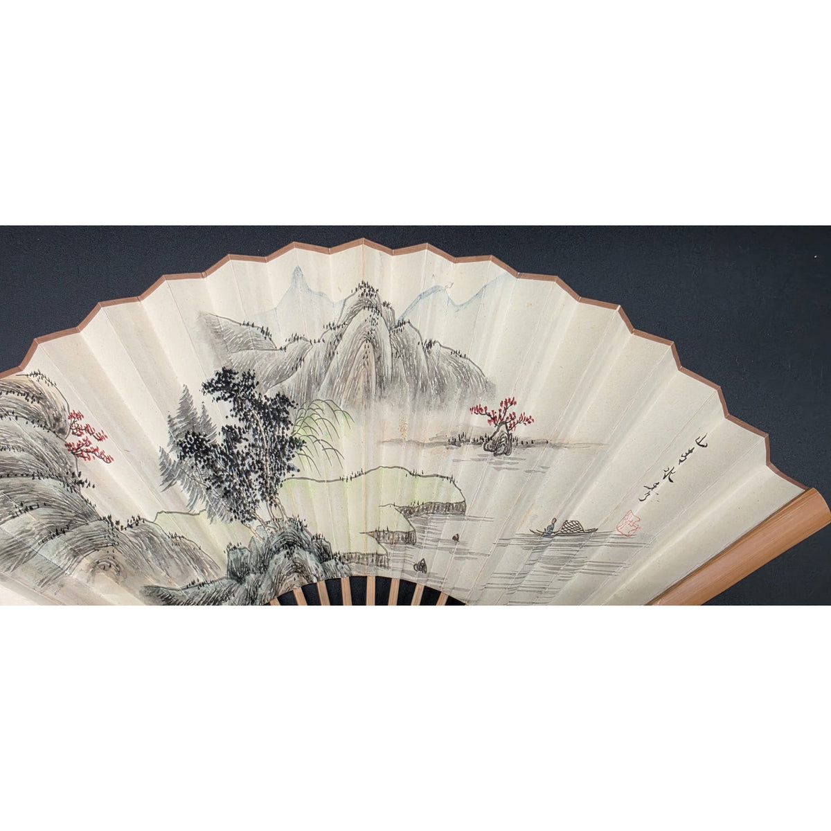 Vintage Chinese Hand Painted Landscape Folding Fan Calligraphy Poem Bamboo Frame
