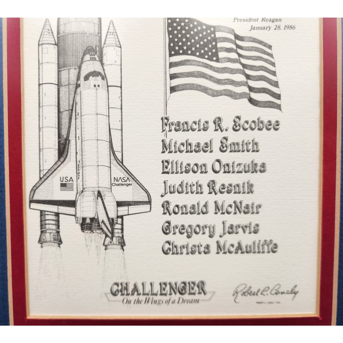 1986 Challenger “On the Wings of a Dream” Framed Lithograph by Robert L. Conely