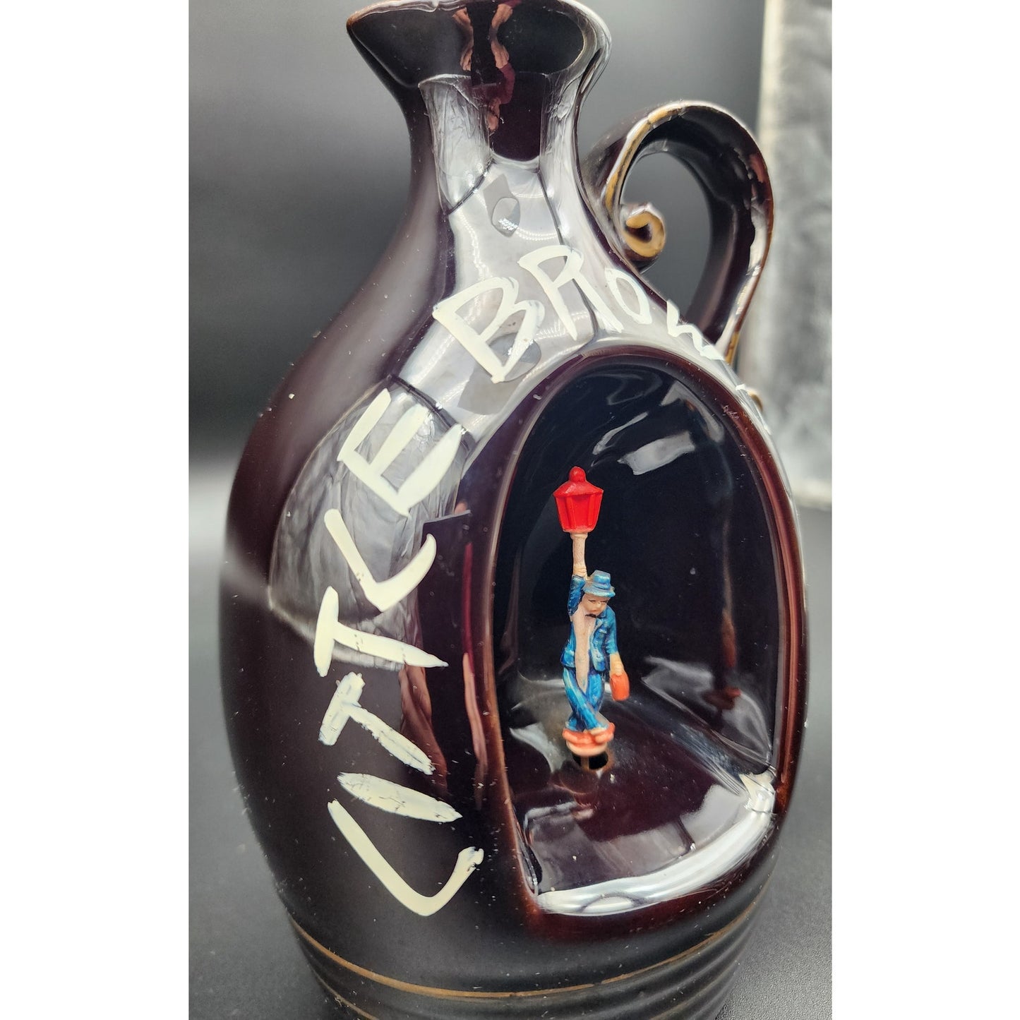 Vintage Little Brown Jug Music Box Japan Man & Lantern Rotating Figurine