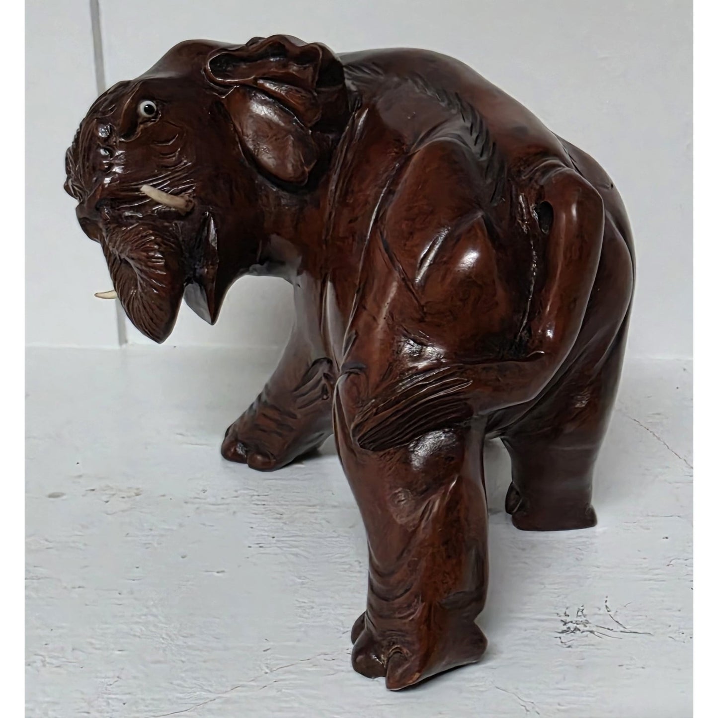 Vintage Hand‑Carved Mahogany Elephant Figurine 6" Wide Solid Wood Sculpture Nice
