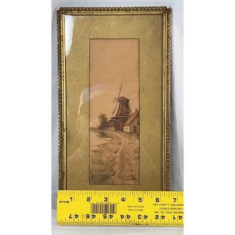 Antique F.J. Du Chattel Dutch Windmill Watercolor, Signed, Ornate Gold Frame