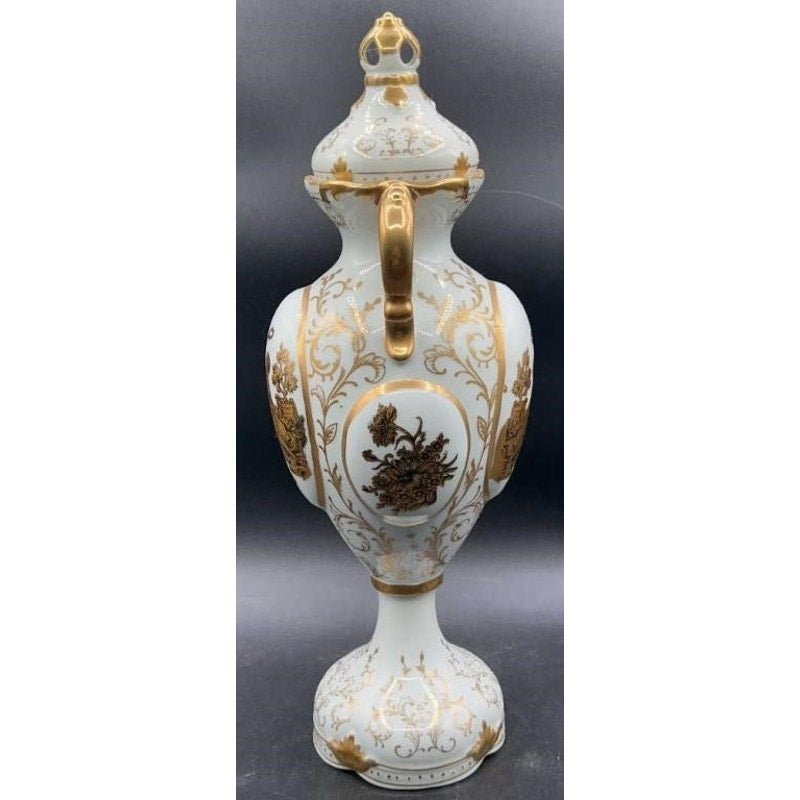 Antique Victorian Porcelain Vase Gold Gilt Lidded Ornate Handles 16" Tall