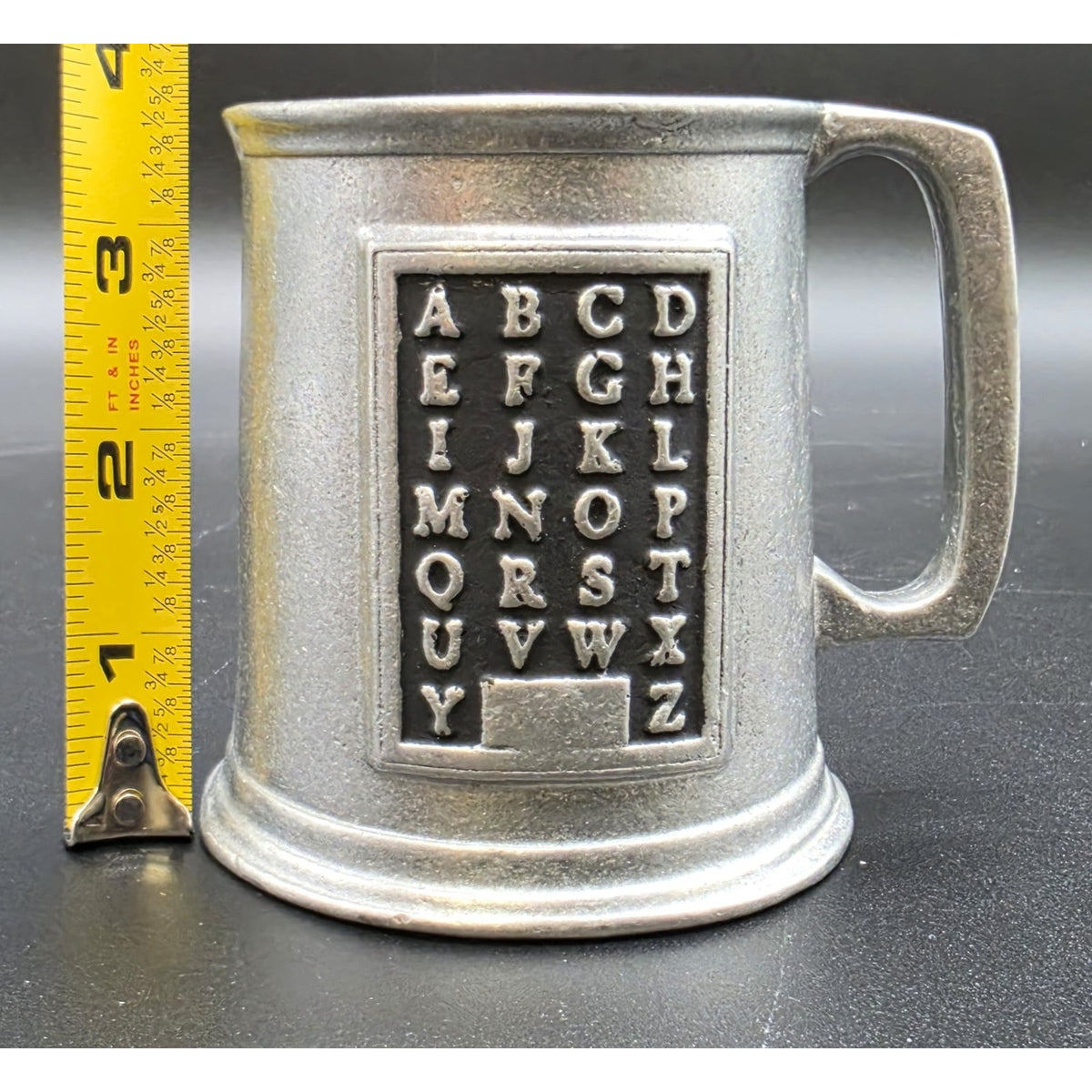 Vintage Solid Pewter Alphabet Cup Mug Heavy Metal ABC Hornbook Sampler Style
