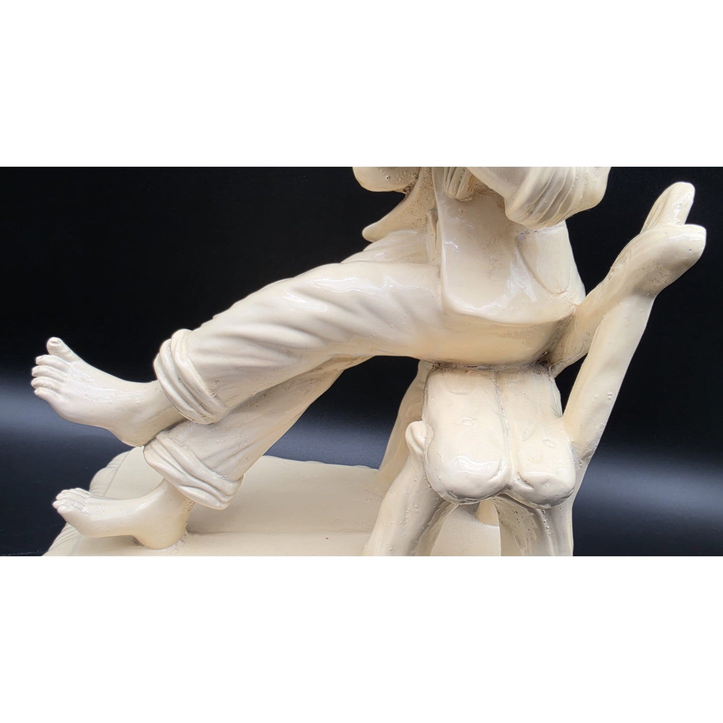 Vintage Pale Yellow Alabaster Boy Sculpture on Rustic Bench 18.5" 11 lbs