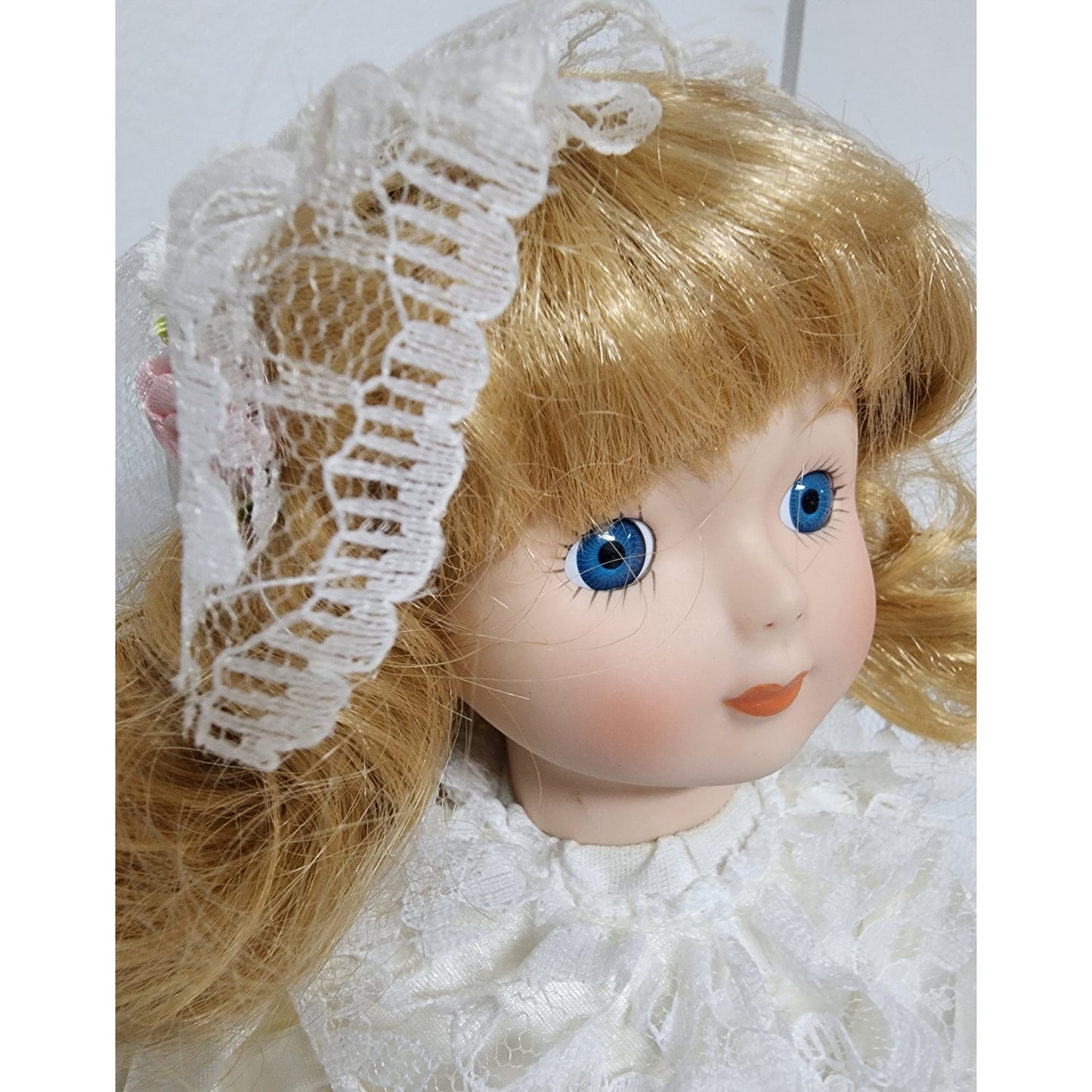 Vintage 16" Lazarus Porcelain Doll “Sarah” w/ Stand & Box – Bridal Gown