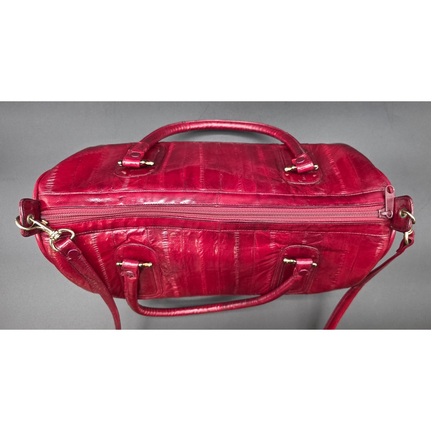 Vintage Genuine Eel Skin Burgundy Handbag Korea w/ Strap & Brass Hardware