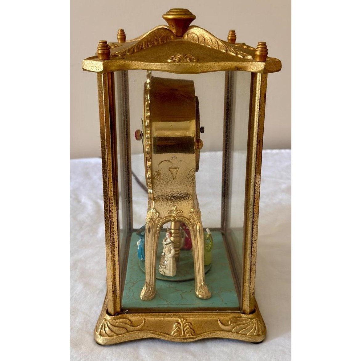 Vintage United Model 990 Brass Clock w/ Dancing Figurines & Glass Case Works