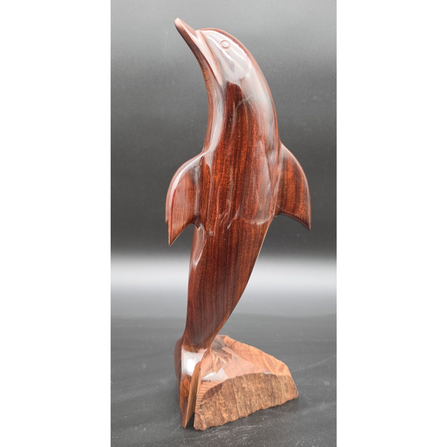 Vintage Hand‑Carved Hardwood Dolphin Statue 13.5" Polished One‑Piece Art