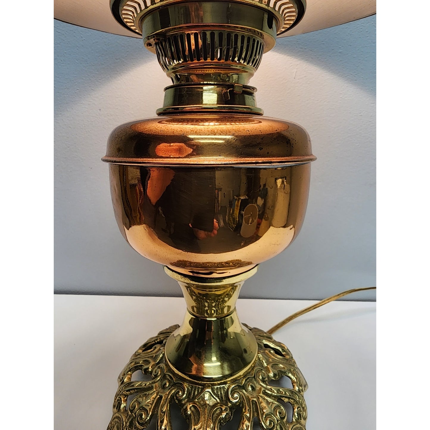 Vintage Brass Copper Gold Tone Table Lamp w/ Tassel Shade 20" Works - Beautiful!