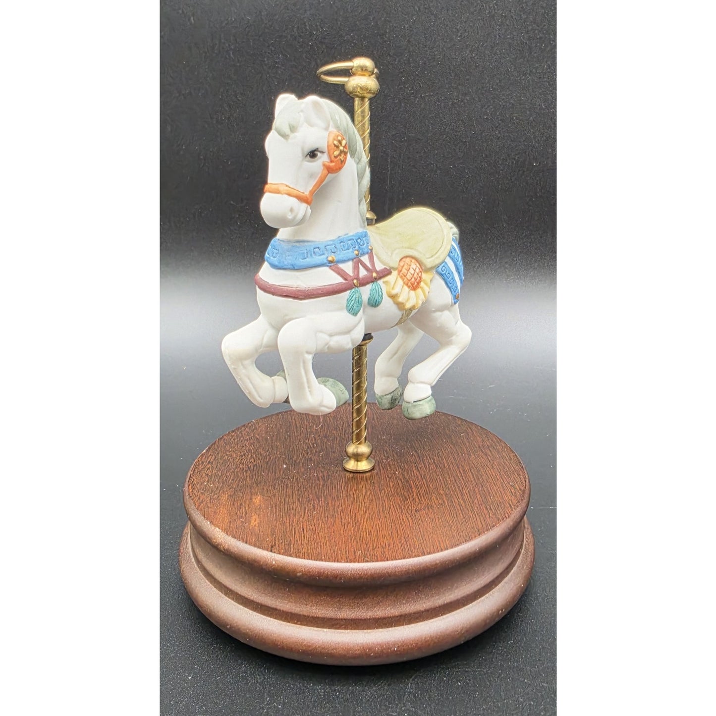 Vintage Taiwan Carousel Horse Music Box – Hand Painted Porcelain on Walnut Base