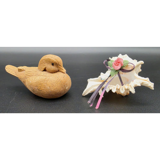 Vintage Faux Wood Resin Duck Figurine & Decorated Murex Seashell Pair