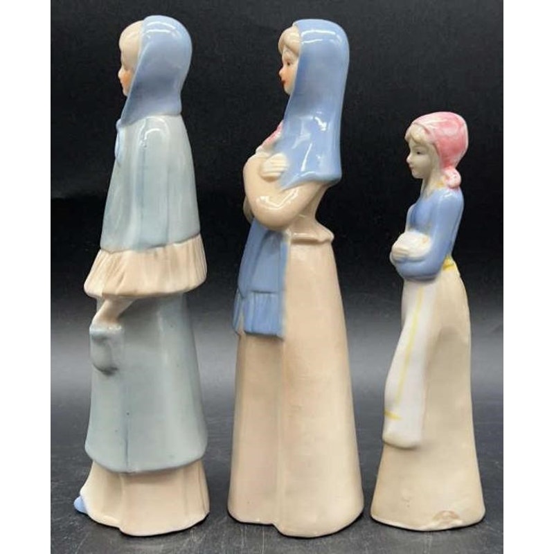 3 VTG Frankel Porcelain Lady Figurines Old Lady, Blue Scarf, & Duck Holder