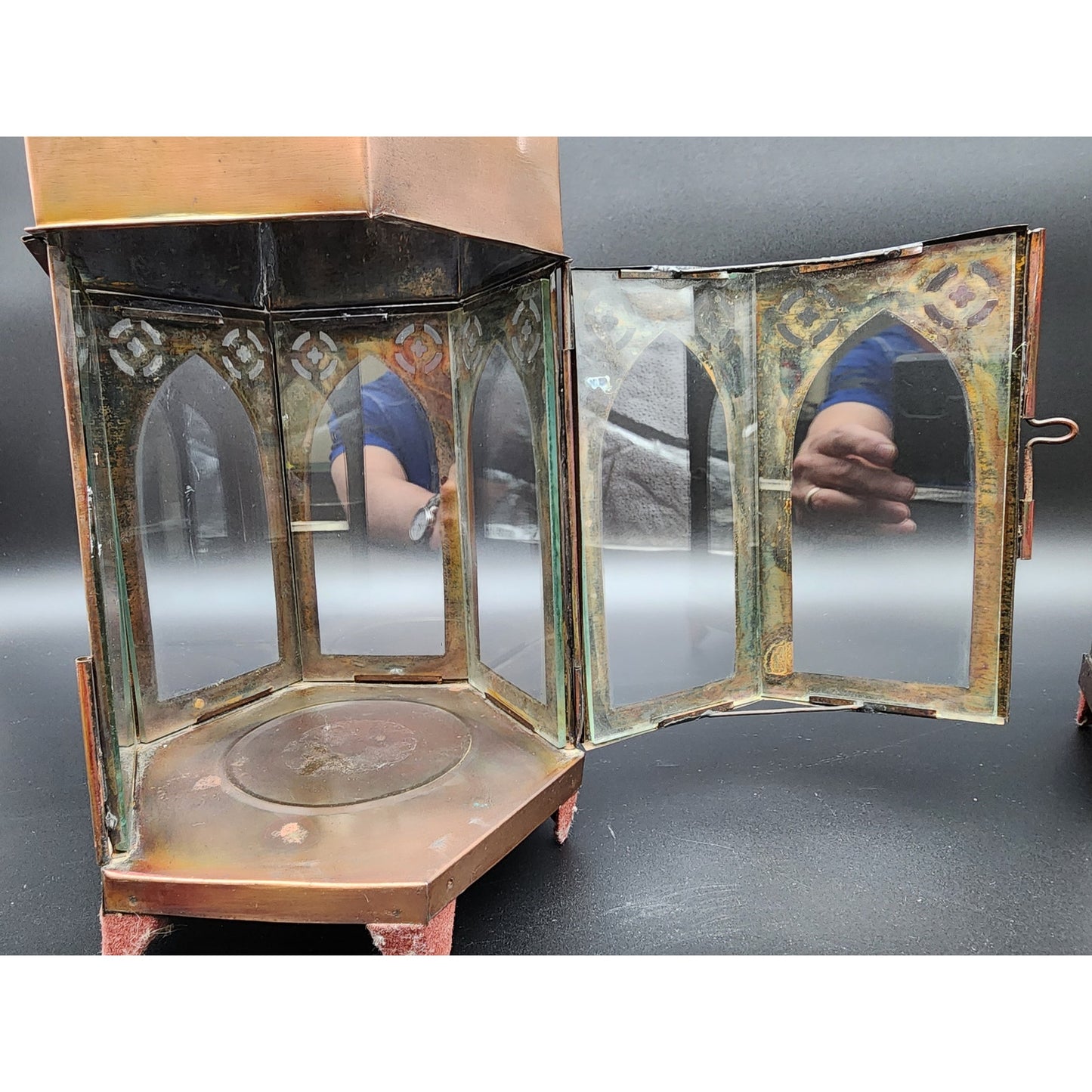 Pair Bronze Hexagon Metal Candle Lanterns w/ Glass Panels & Candles 18.5"