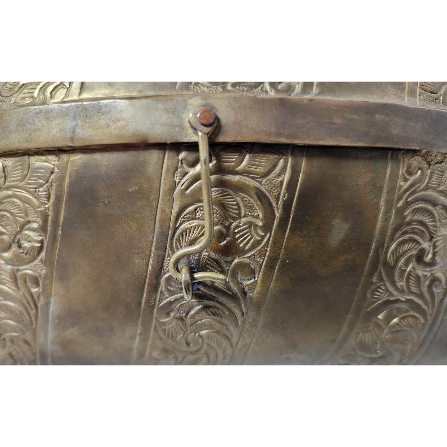 Vintage Brass Pillow Purse w/ Engraved Panels & Purple Velvet Lining