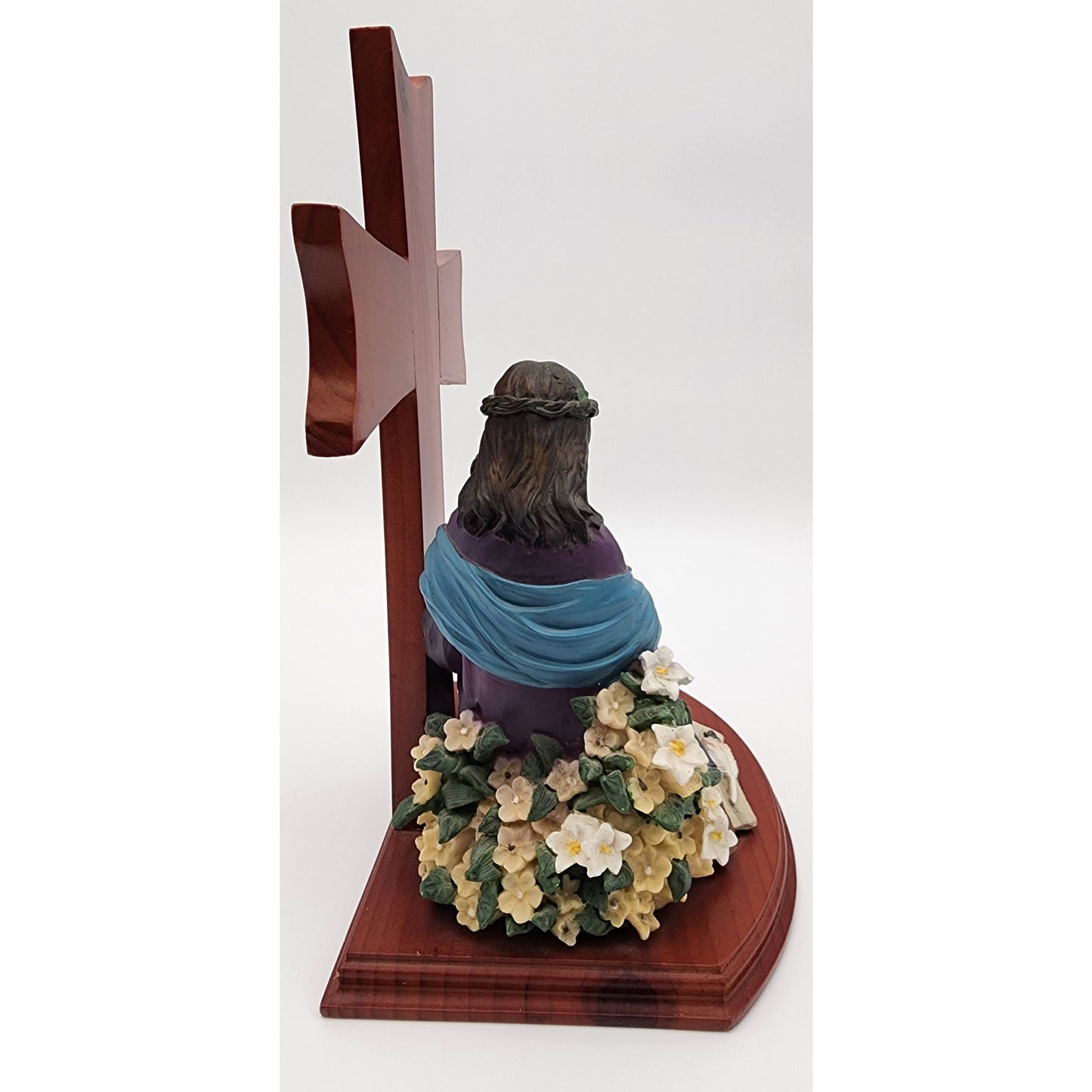 Jesus & Child Figurine w/ Cross, Violin, Books – 12.25" Hand Painted Wood Base