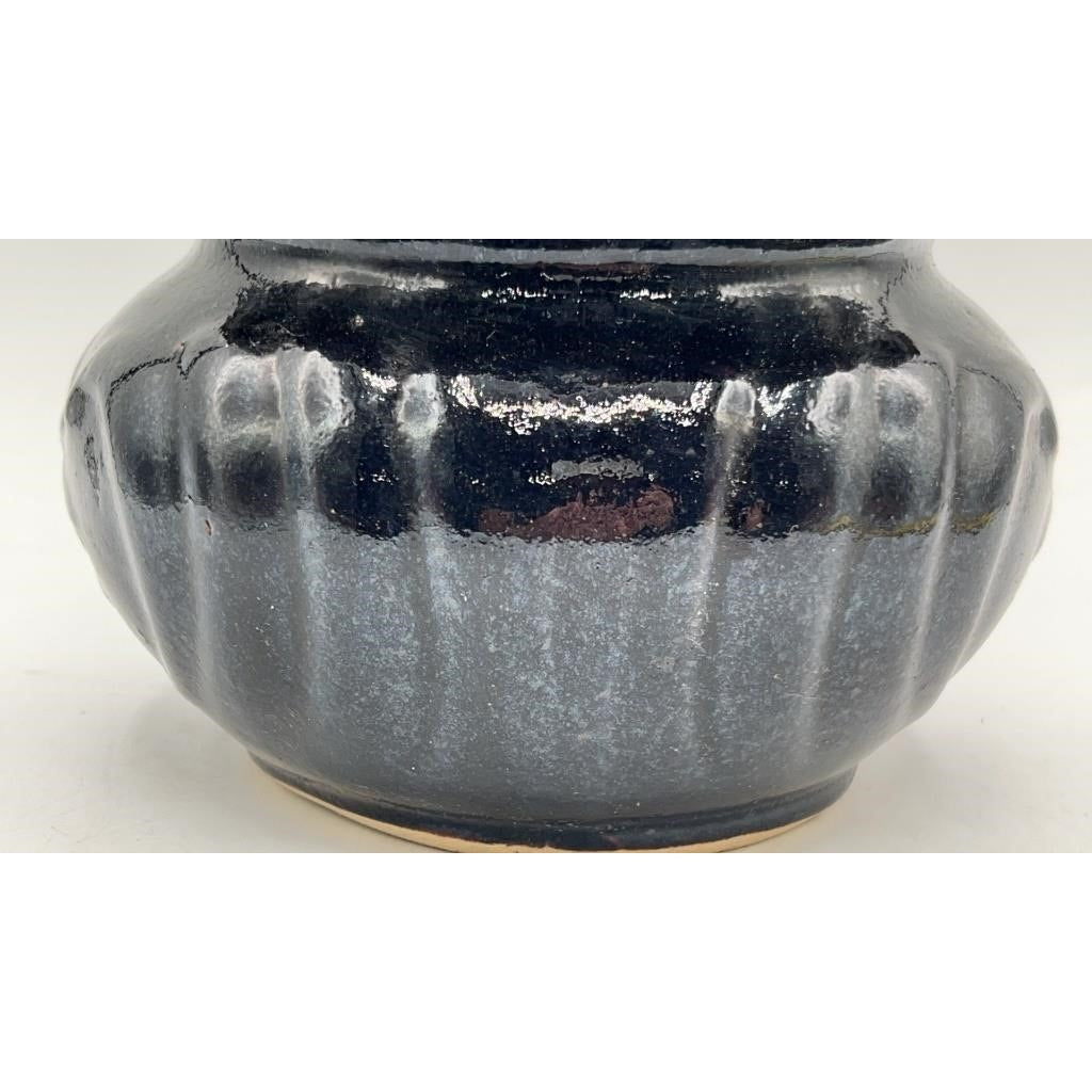 VTG Glazed Stoneware Spittoon Floral Pattern 7" Dark Glaze w/ Repair