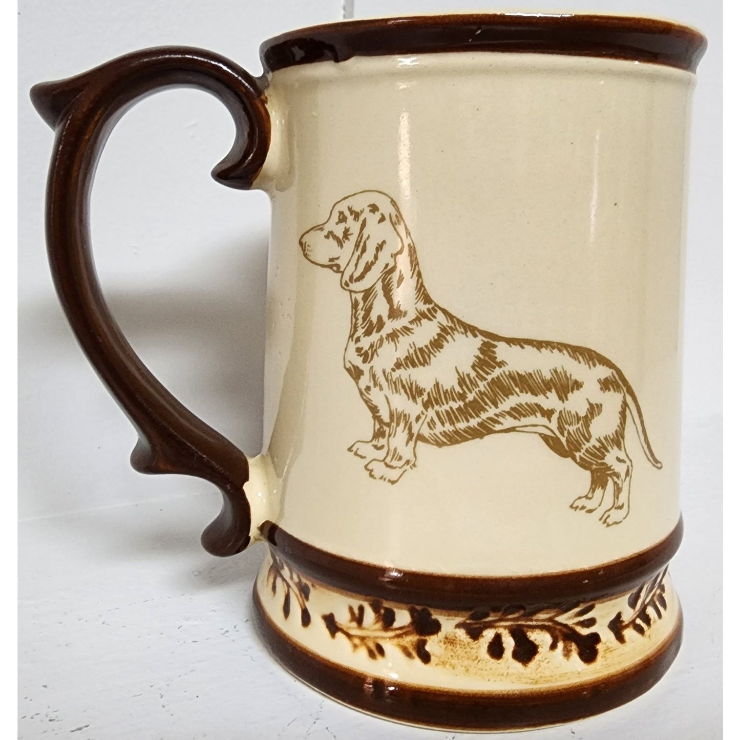 GG Dachshund Stoneware Handmade Mug 12oz Beige Brown Art Dog Breed Info Vintage