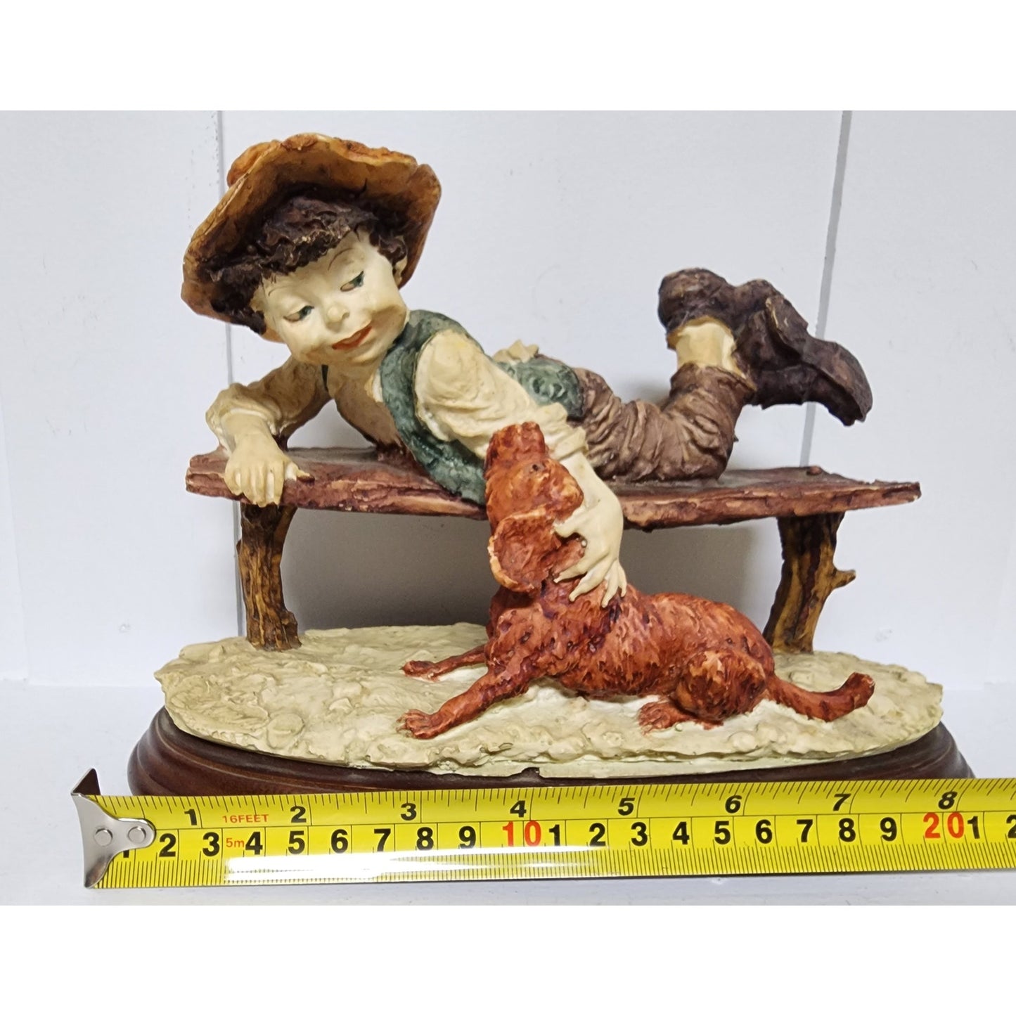 Giuseppe Armani Boy & Dog Figurine on Wood Base 9.5" Vintage Italy