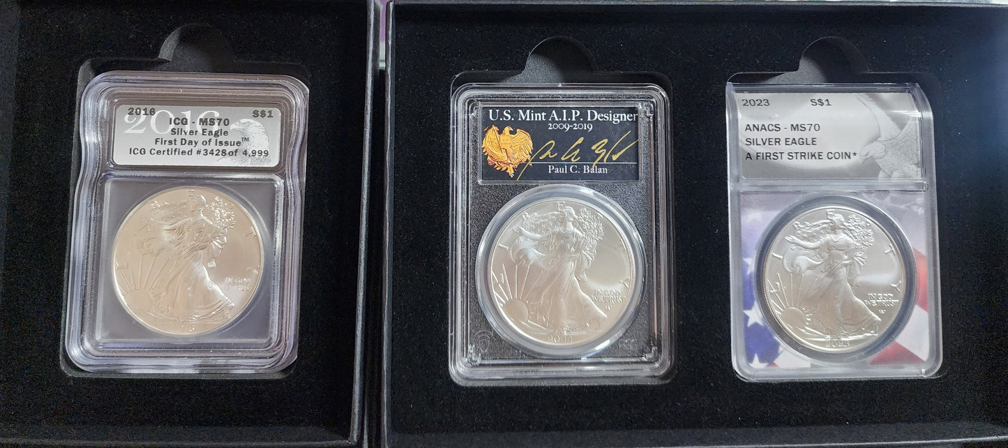 Perfect MS70 Silver Eagle 3‑Coin Set PCGS ICG ANACS FDOI FS Signed & Gift Boxed