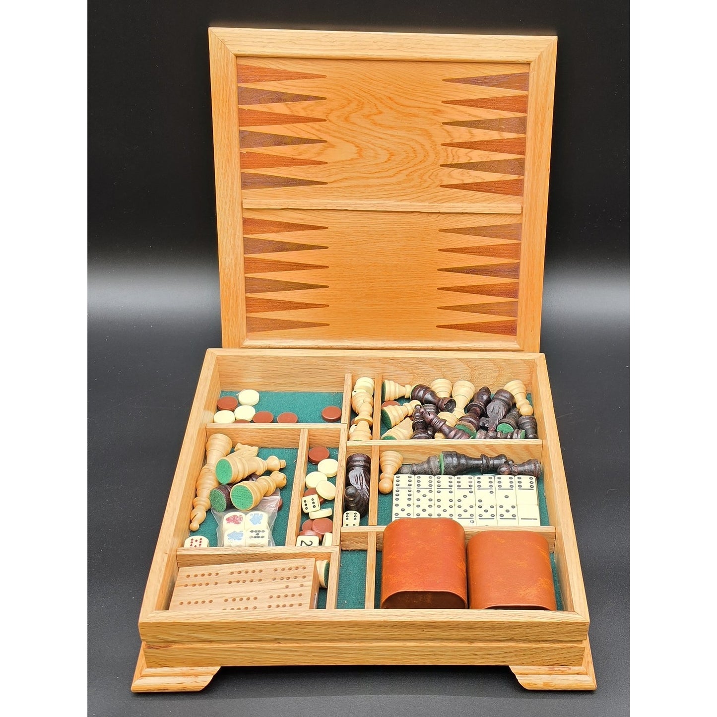 Vintage Wood Multi‑Game Set Chess Backgammon Cribbage Dominoes Dice 12x12