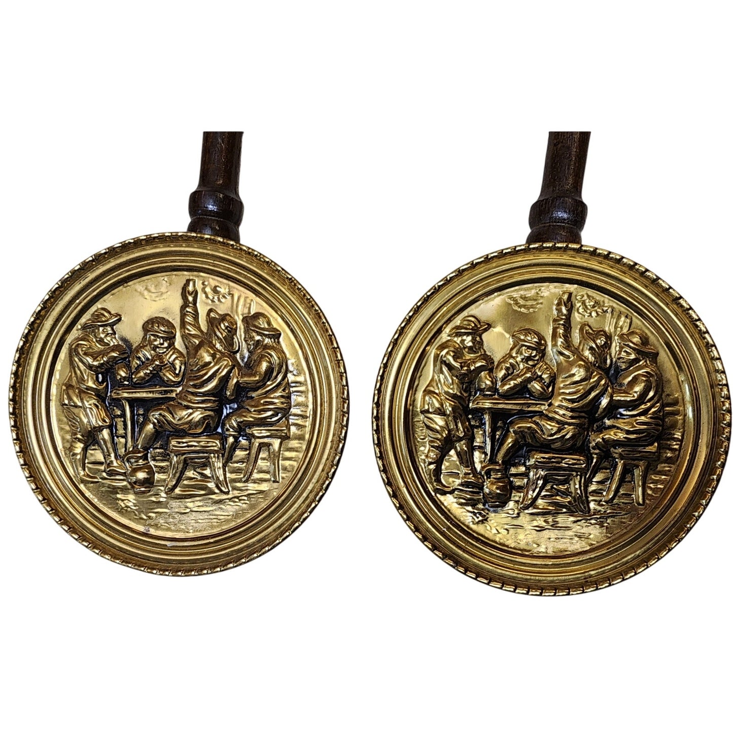 Vtg Pair British Brass Bed Warmers w/ Wooden Handles Pub Bar Scene - England