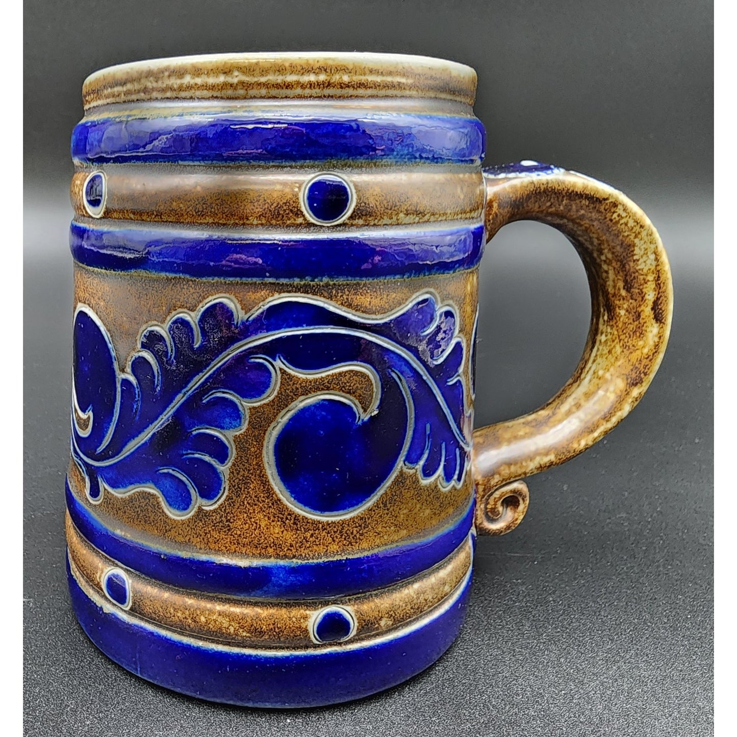 Vintage Goebel Merkelbach Stoneware Mug Cobalt Blue Salt Glaze Raised Design