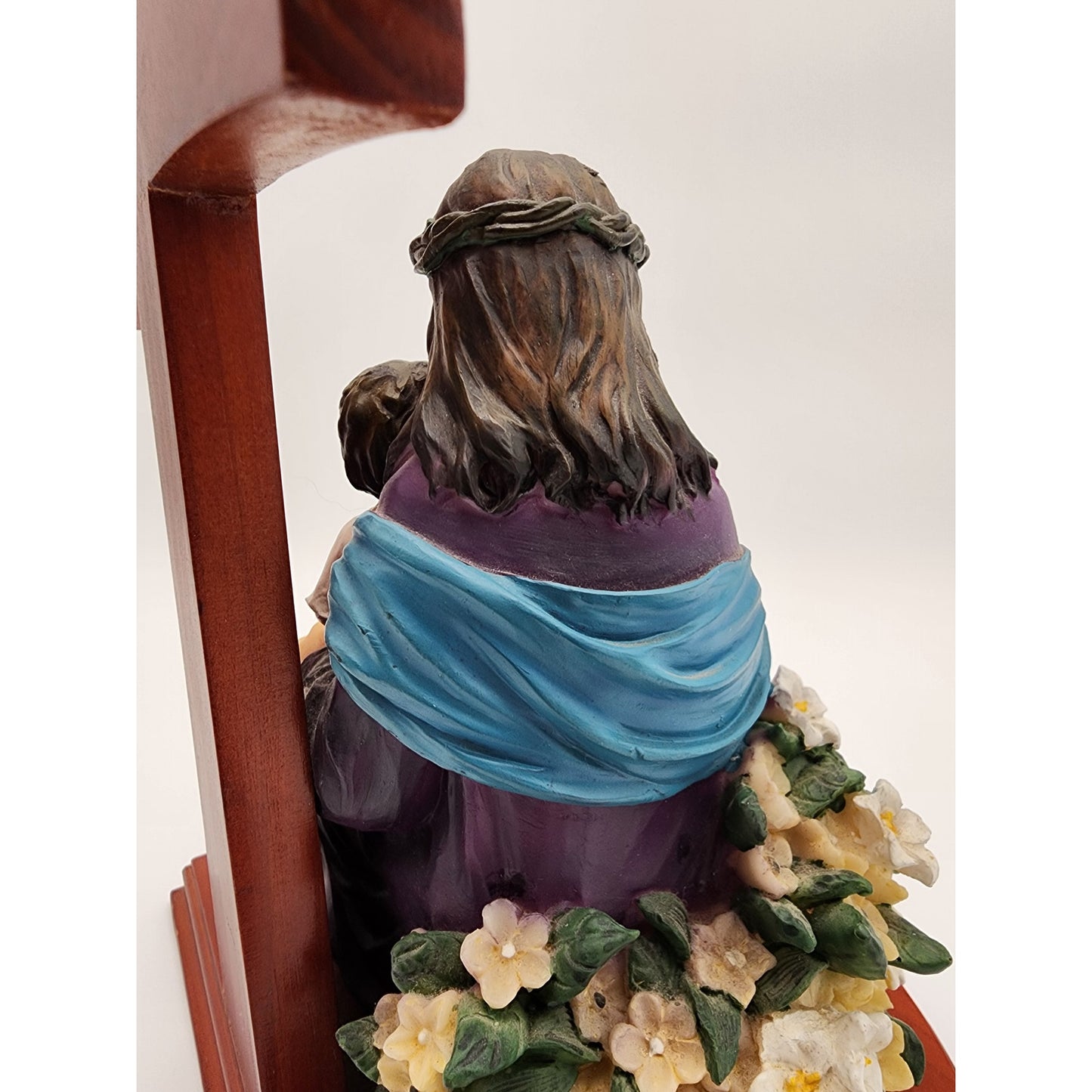 Jesus & Child Figurine w/ Cross, Violin, Books – 12.25" Hand Painted Wood Base