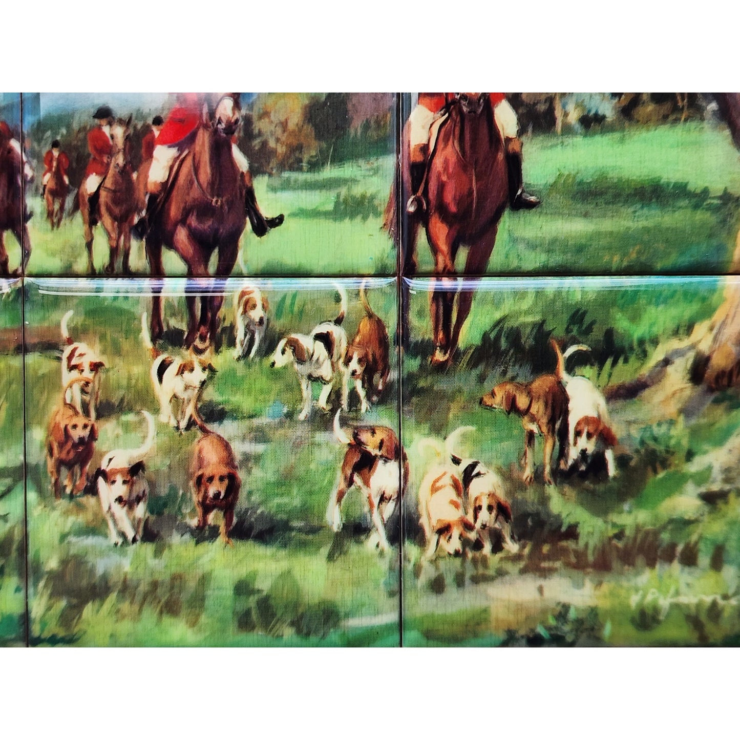Vintage J. Pifarré “Hunt in the Park” 12‑Tile Mosaic in Wood Frame 14.25x11.75