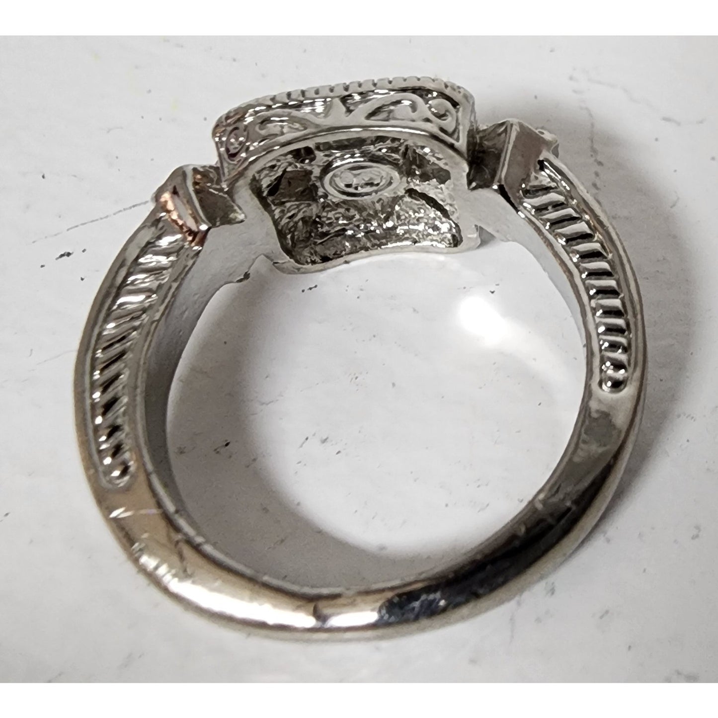 Vintage Silver Ring Size 9.75 w/ Box – Square Cut Clear Stone & Filigree Design